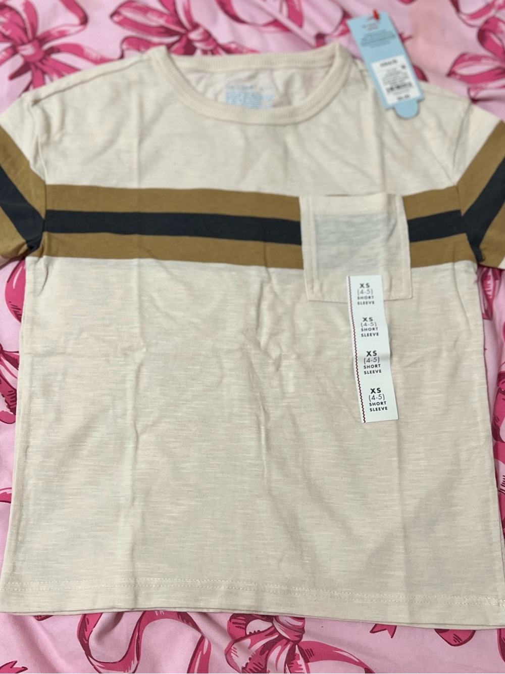 Cat & Jack Cream Short Sleeve Tee with Olive and Charcoal Stripes